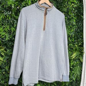 ORVIS Men Tweed Pull Over Medium‎ Blue Sweater 1/4 Zip Leather Trim 2331